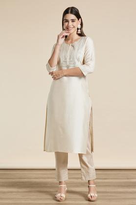 embroidered viscose blend round neck womens festive wear kurta - natural