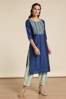 embroidered viscose blend round neck womens festive wear kurta - navy