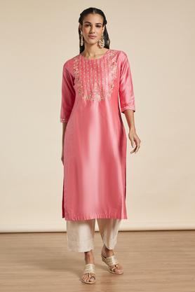 embroidered viscose blend round neck womens festive wear kurta - peach