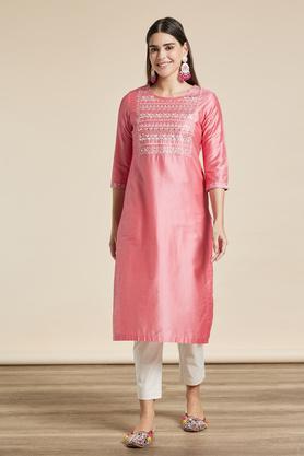 embroidered viscose blend round neck womens festive wear kurta - peach