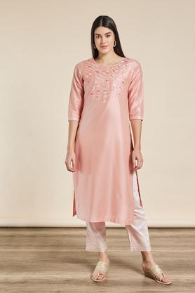 embroidered viscose blend round neck womens festive wear kurta - peach