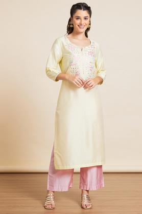 embroidered viscose blend round neck womens festive wear kurta - yellow