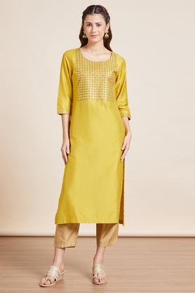 embroidered viscose blend round neck womens festive wear kurta - yellow