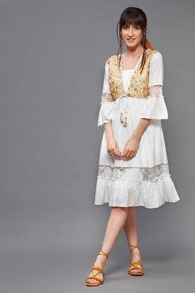 embroidered viscose blend square neck womens midi dress - off white