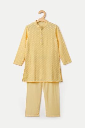 embroidered viscose mandarin boys kurta pyjama set - yellow