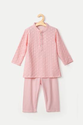 embroidered viscose mandarin infants boys kurta pyjama set - peach