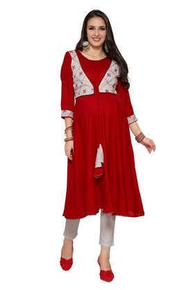 embroidered viscose regular fit maternity cum nursing women's kurta with embroidered jacket - red