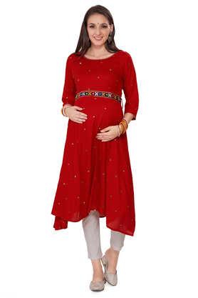 embroidered viscose regular fit maternity cum nursing women's kurta with mirror work belt - red