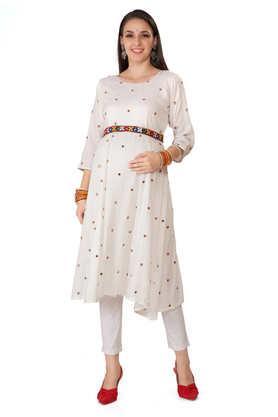 embroidered viscose regular fit maternity cum nursing women's kurta with mirror work belt - white