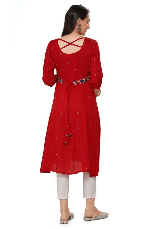 embroidered viscose regular fit maternity cum nursing womens kurta with mirror work belt