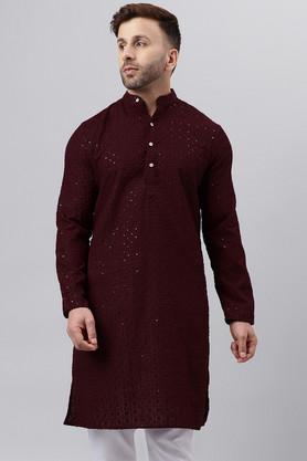 embroidered viscose regular fit men's kurta - maroon