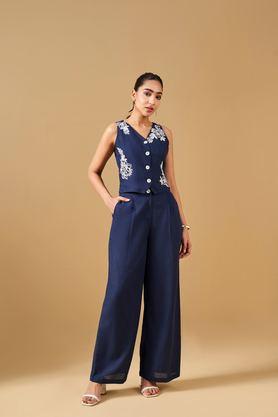 embroidered viscose regular fit women co-ord set - navy