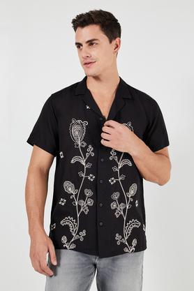 embroidered viscose relaxed fit men's casual shirt - black