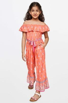 embroidered viscose round neck girls jumpsuit - coral