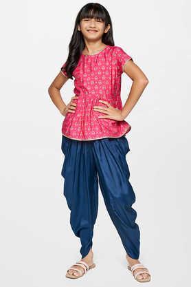 embroidered viscose round neck girls kurta set - pink