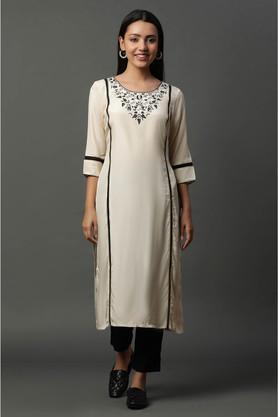 embroidered viscose round neck women's casual wear kurta - natural