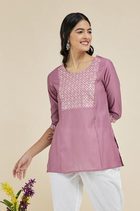 embroidered viscose round neck women's casual wear tunic - pink