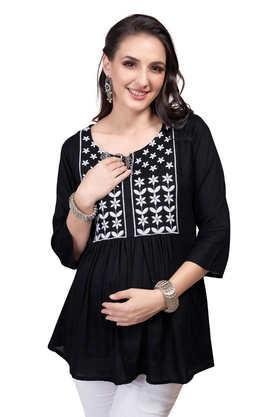 embroidered viscose round neck women's kurti - black