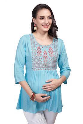 embroidered viscose round neck women's kurti - blue