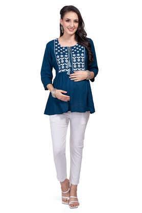 embroidered viscose round neck women's kurti - navy