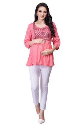 embroidered viscose round neck women's kurti - peach