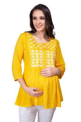 embroidered viscose round neck women's kurti - yellow