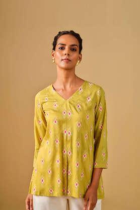 embroidered viscose round neck women's top - mustard