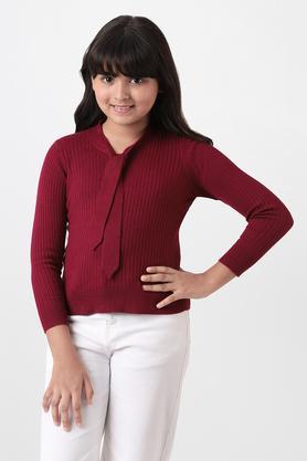 embroidered viscose v neck girls top - burgundy