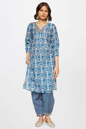 embroidered viscose v neck women's kurta pant set - blue