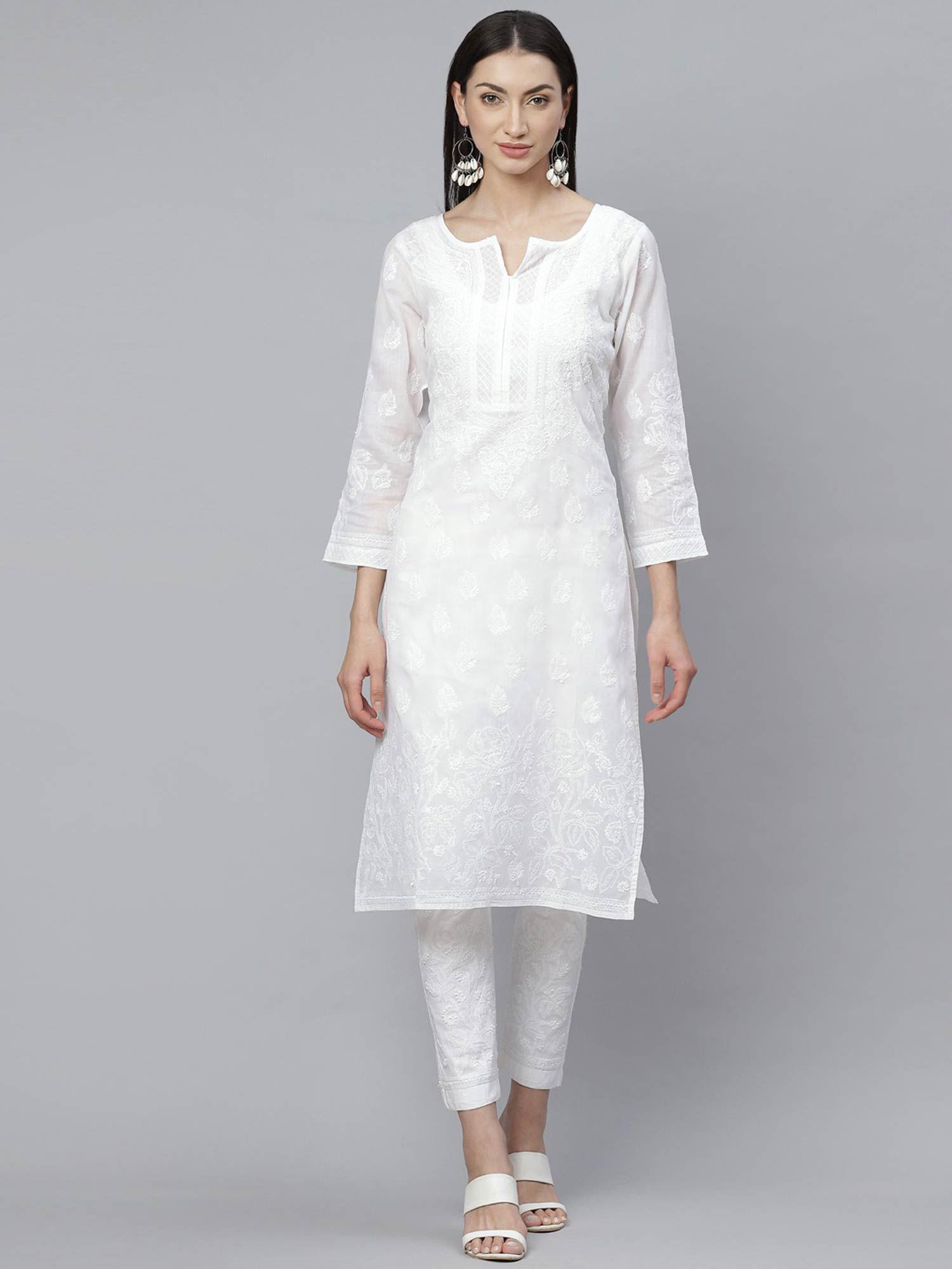 embroidered white cotton lucknow chikan- a811137 kurta and trouser (set of 2) (xs) (a811137)