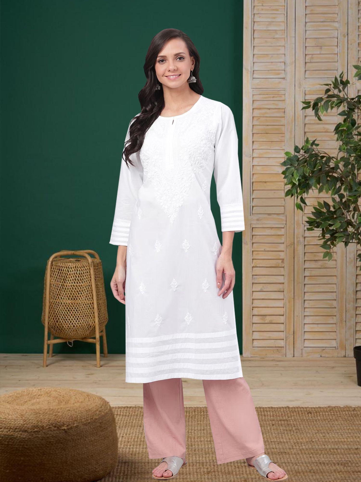 embroidered white cotton lucknow chikankari kurta (xs) (a149984)