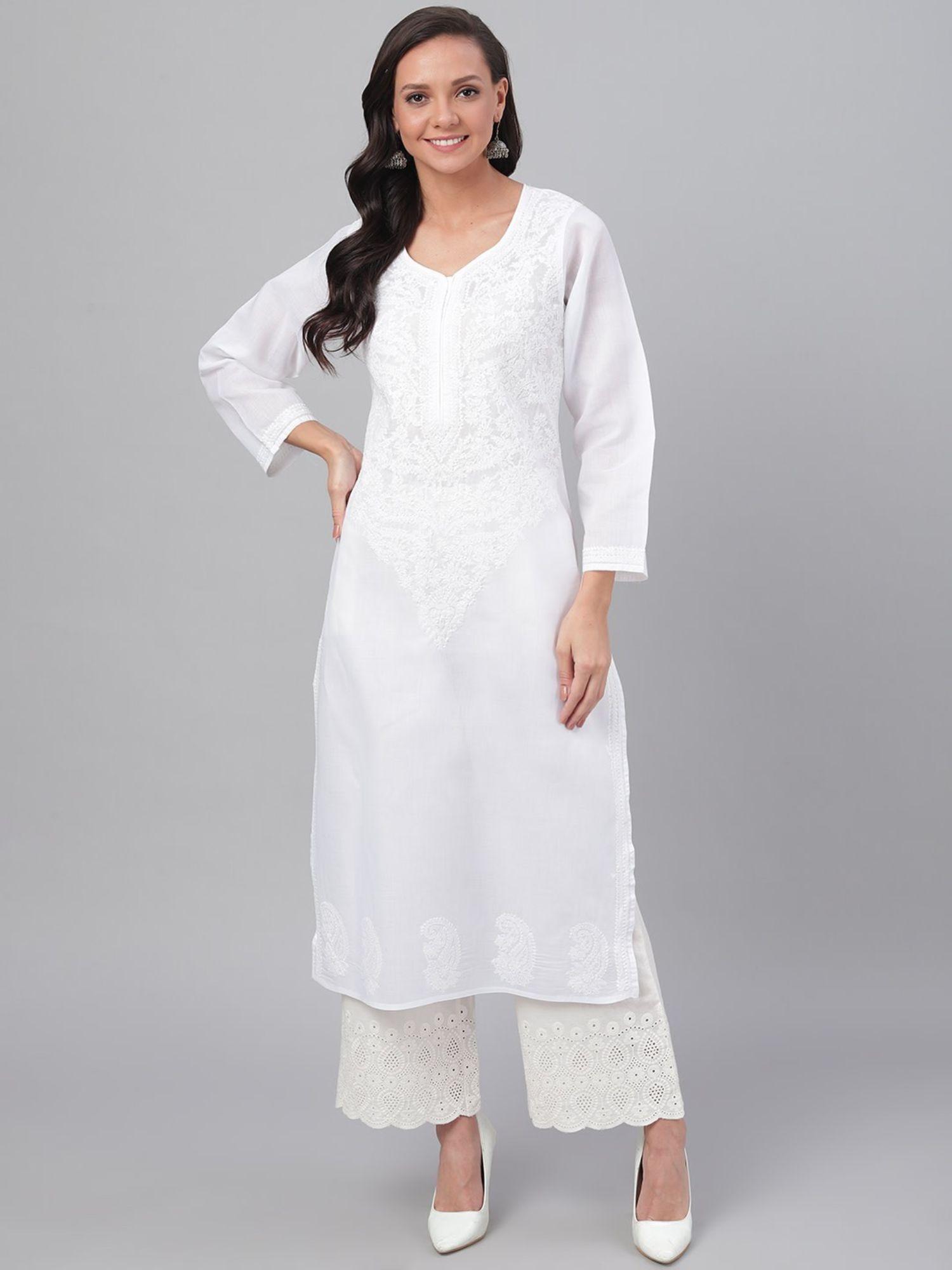 embroidered white cotton lucknow chikankari kurta (xs) (a227625)