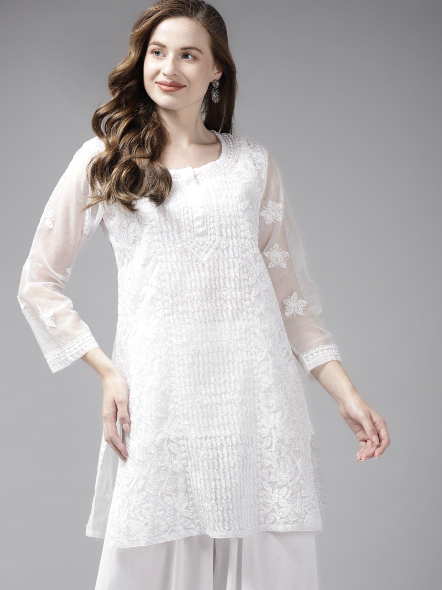 embroidered white organza lucknowi chikankari kurti with slip (set of 2)