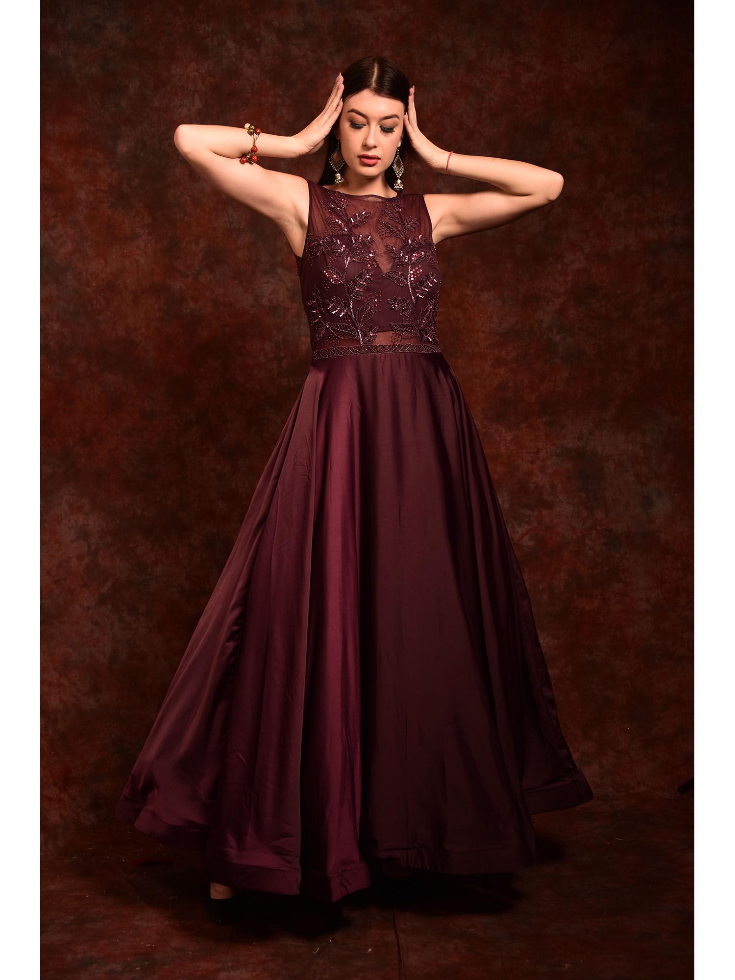 embroidered wine gown