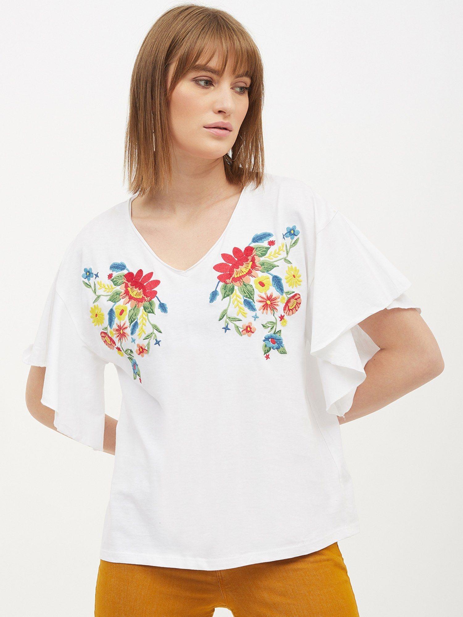 embroidered women v neck white t-shirt