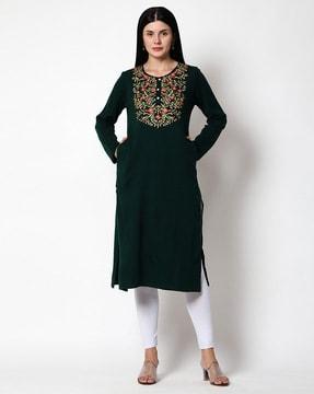 embroidered wool straight kurta with insert pockets