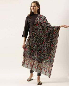 embroidered woolen shawl with frayed hem