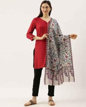 embroidered woolen shawl with frayed hem