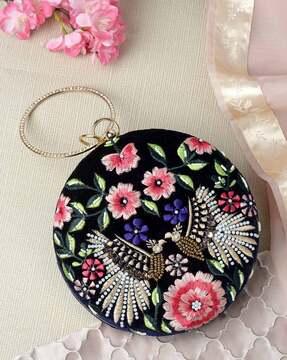 embroidered wristlet with detachable chain strap
