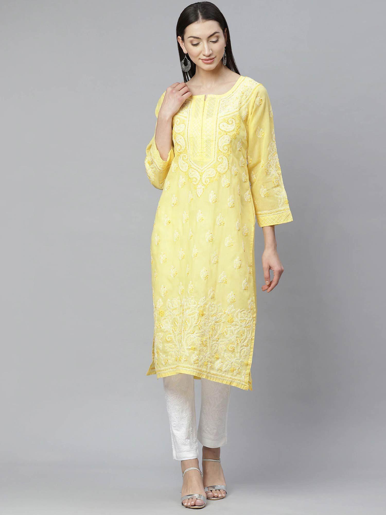 embroidered yellow cotton lucknow chikan- a811136 kurta and trouser (set of 2) (xs) (a811136)