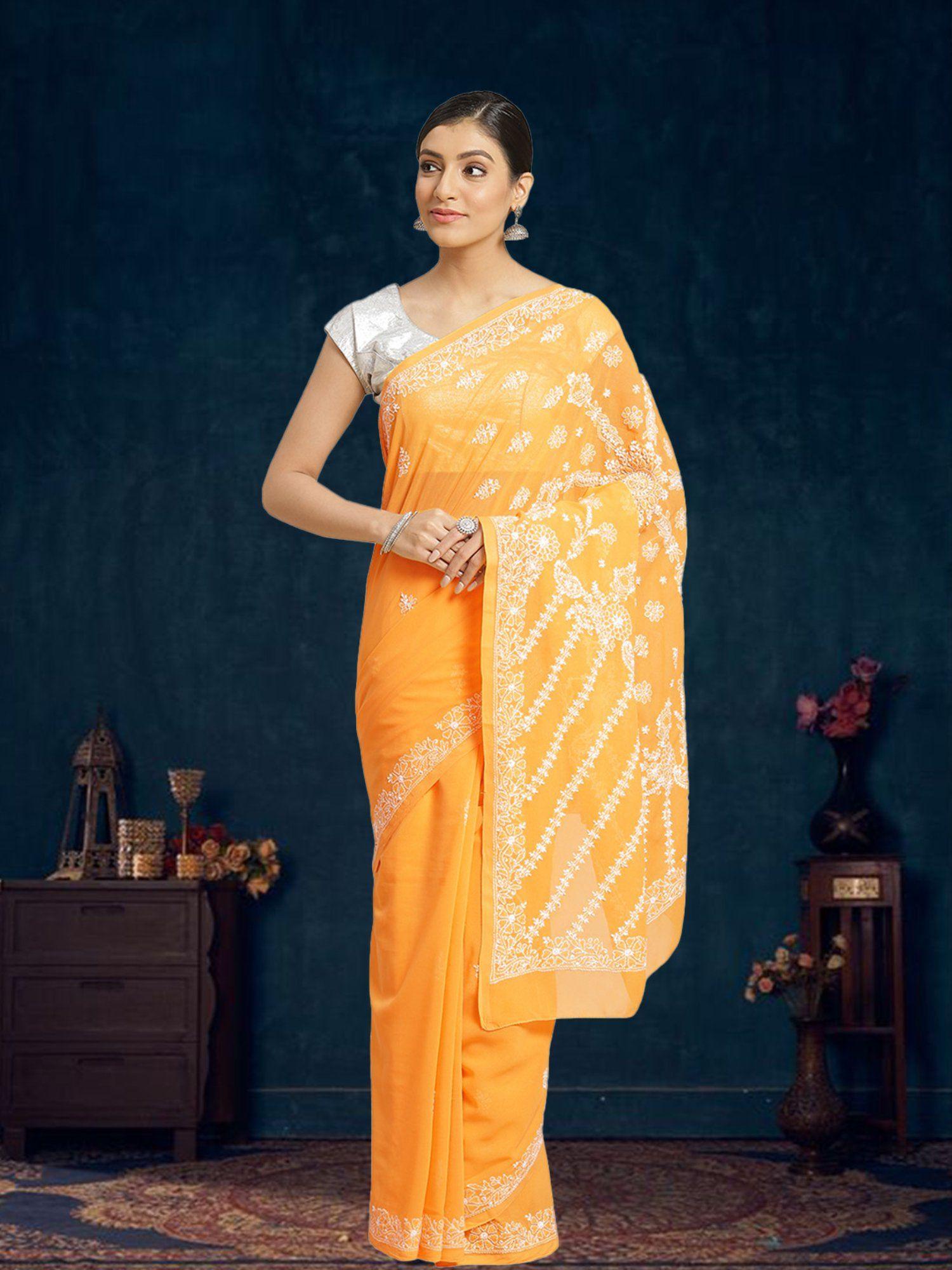 embroidered yellow georgette lucknow chikan saree- a183596 (a183596)