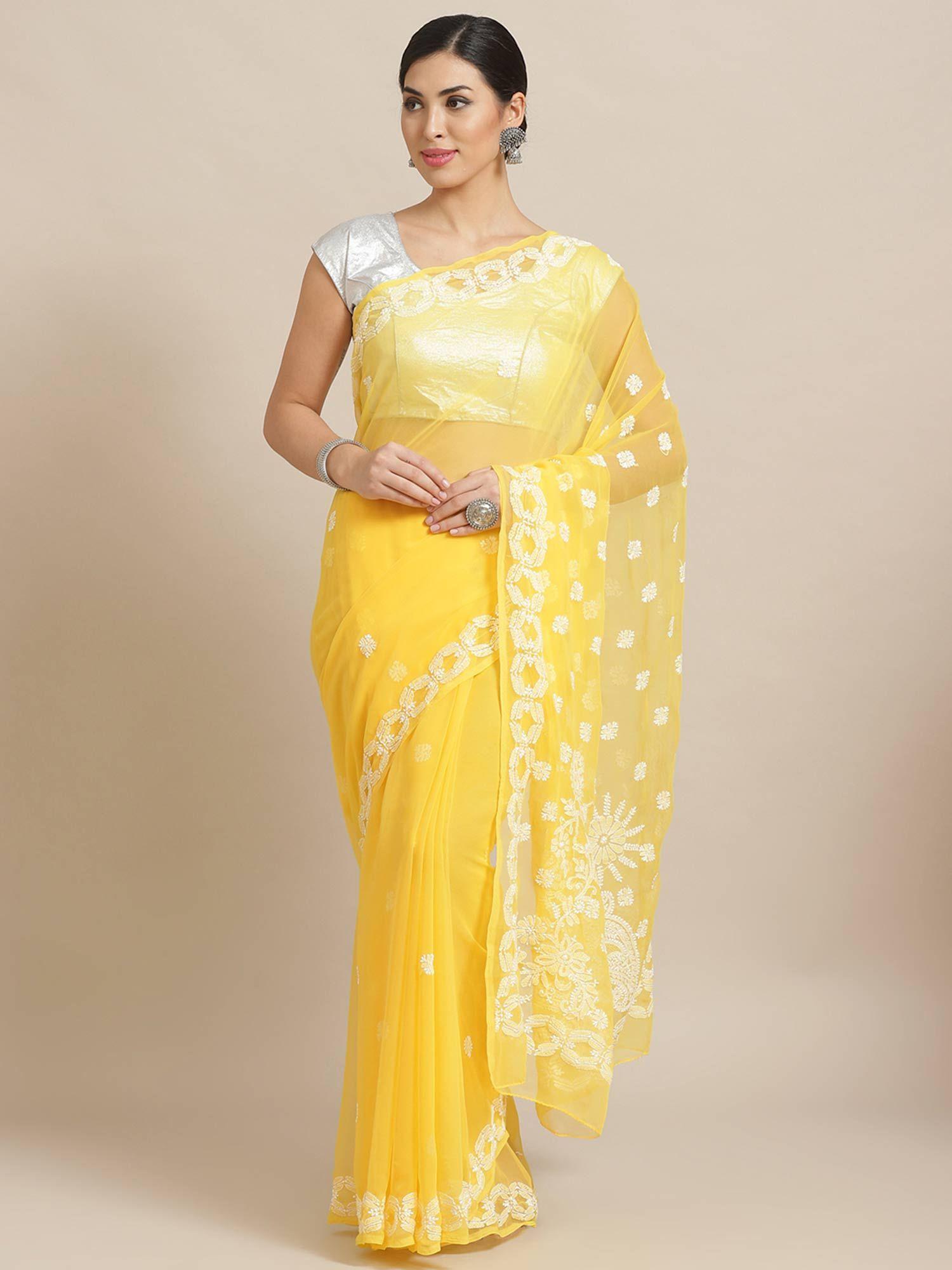 embroidered yellow georgette lucknow chikan saree with unstitched blouse (a129556)