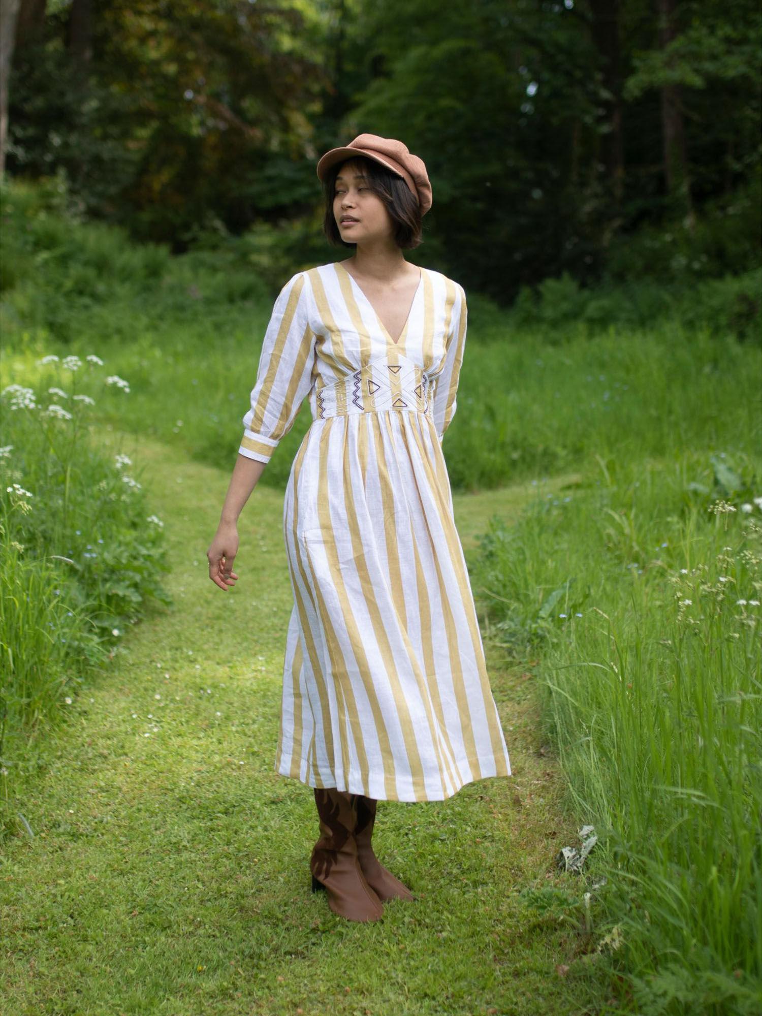 embroidered yellow stripes midi dress