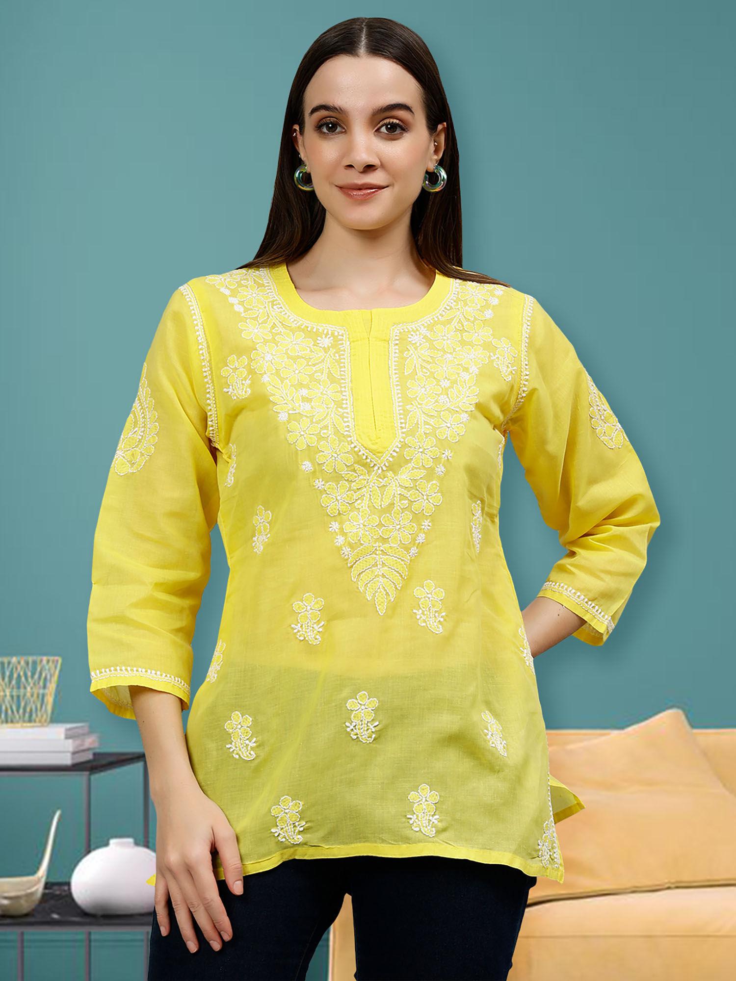 embroidered yellow terivoil cotton lucknowi chikankari kurti
