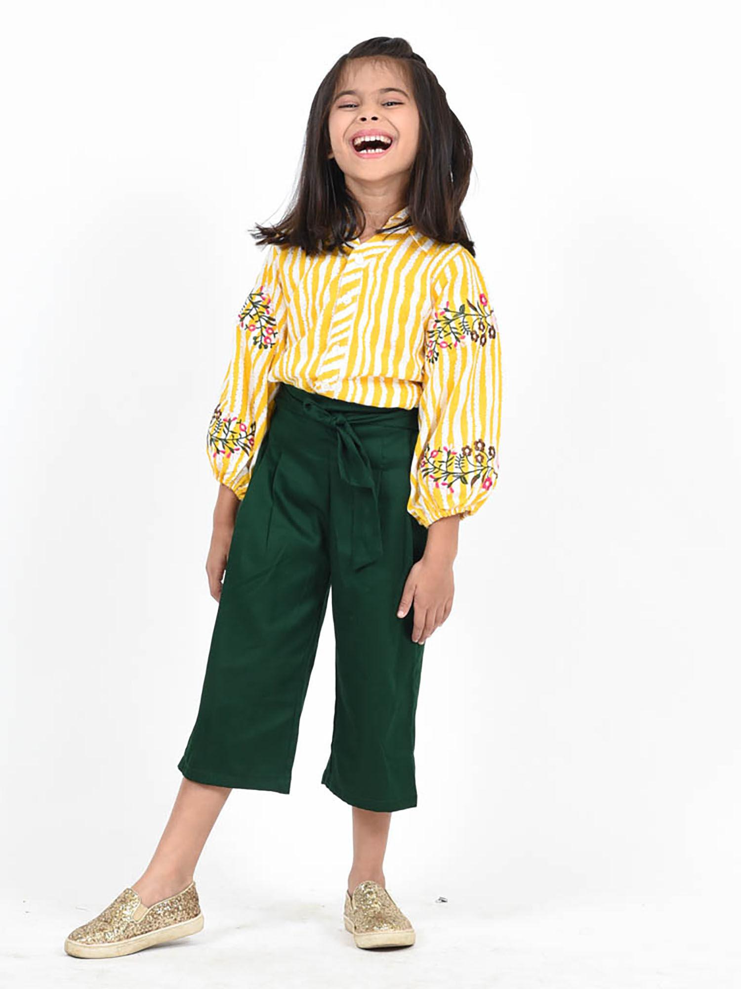 embroidered yellow top with paper bag pants (set of 2)