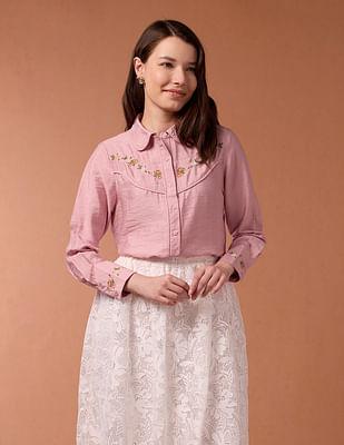 embroidered yoke dobby top