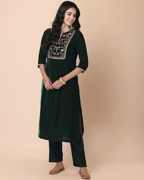 embroidered yoke velvet straight kurta