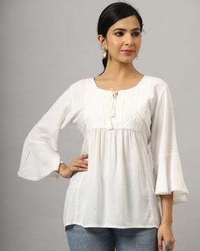 embroidery round-neck flared top