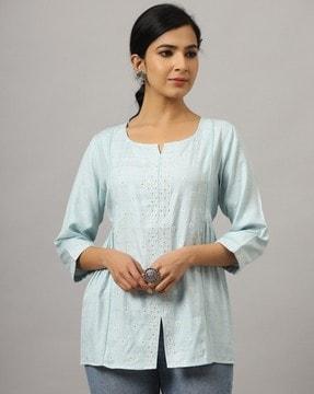 embroidery round-neck flared top
