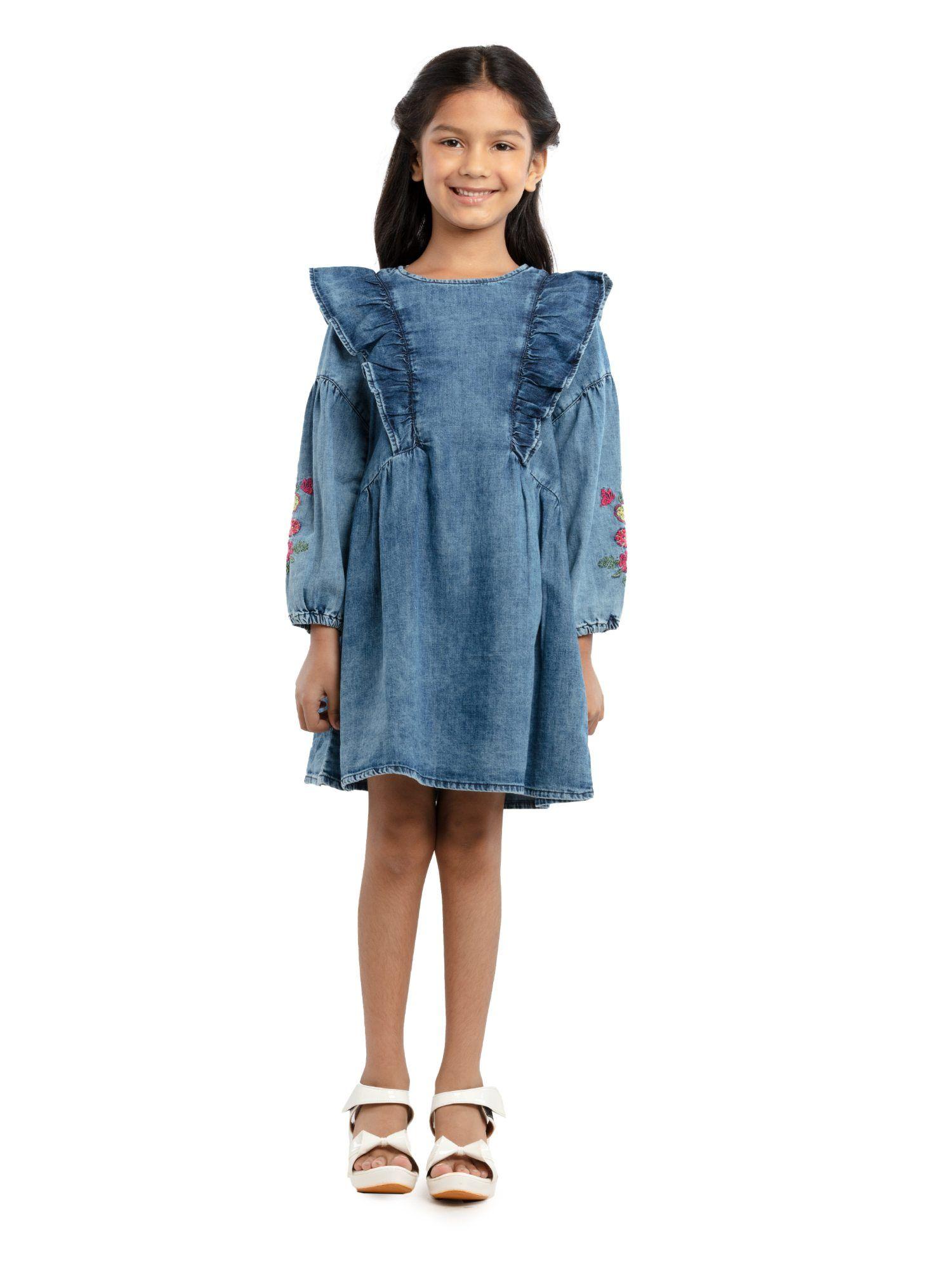 embroidery on sleeves light weight slub denim dress